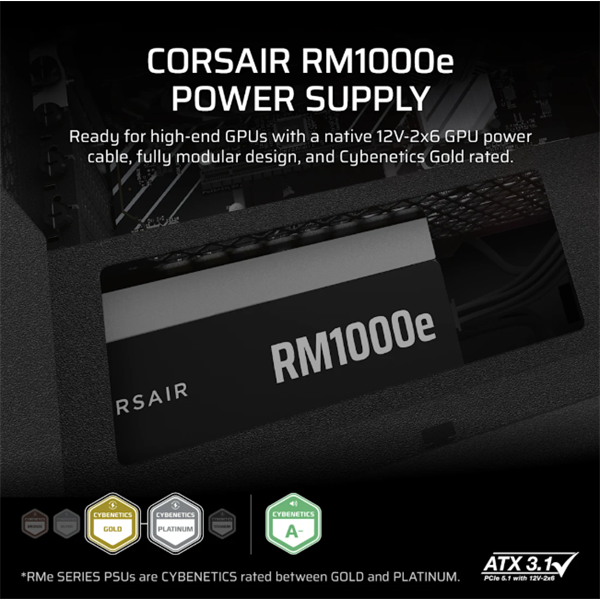 CORSAIR Tápegység Moduláris, RM1000e, 1000W, 12cm, ATX 3.1, PCIe 5.1, BOX, Cybenetics Gold - Image 2