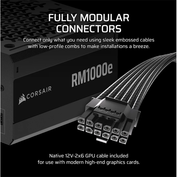 CORSAIR Tápegység Moduláris, RM1000e, 1000W, 12cm, ATX 3.1, PCIe 5.1, BOX, Cybenetics Gold - Image 3